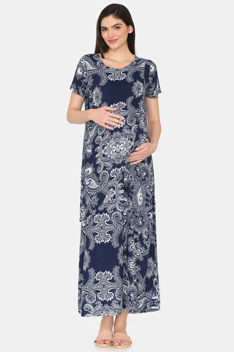 Coucou Maternity Woven Full Length Loungewear Dress With Front Zipper And Discreet Feeding - Blue Depths — image 2